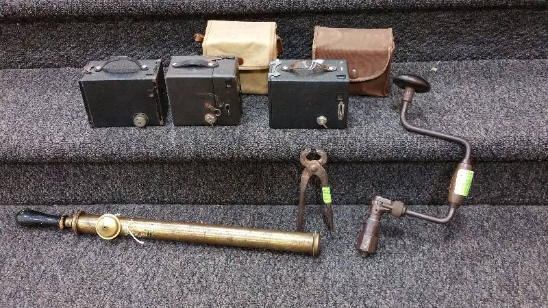 (3) Vintage Cameras, Spray Pump, Tools, Etc.