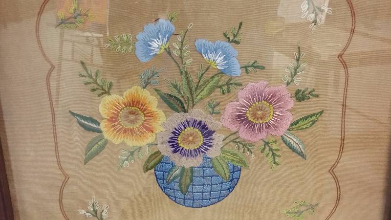 Antique Embrodered Hankerchief, Framed in Wood and Glass