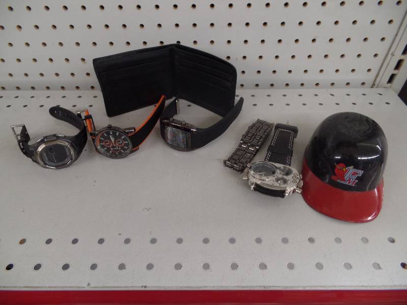 Assorted Watches, Leather Wallet, Mini Red Hawks Hat