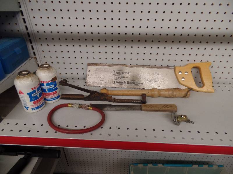 16 Back Saw, #12 Refridgerant 2 bottles w Hose and Cupler, Knife, Clay Target Thrower