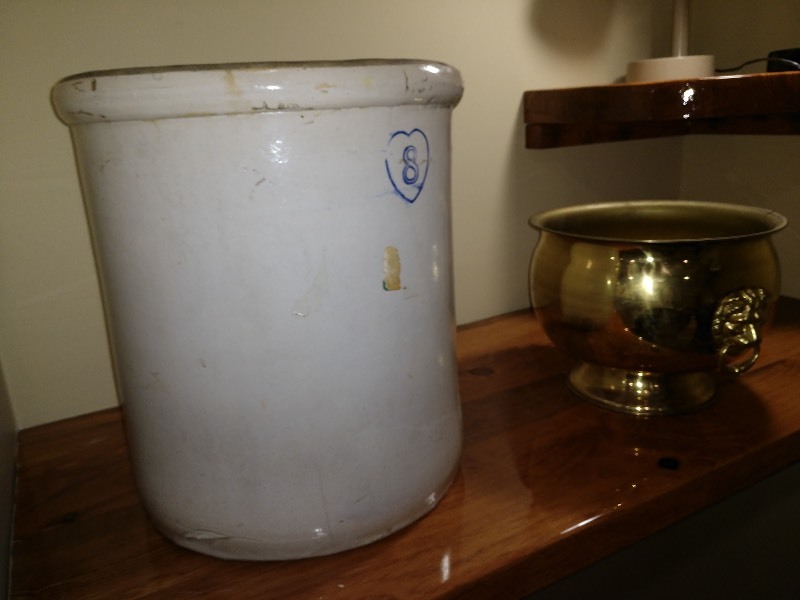 lot 114 image: Clay Crock 8 and Brass Pot