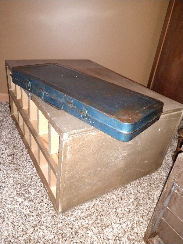 lot 157 image: Pigeon Hole Cubbies and Vintage Blue Toolbox