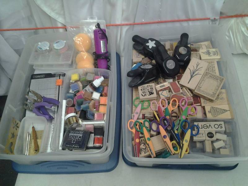 lot 8 image: 2-Tote Bins With Lids FULL Of Paper Craft Related Stamps, Inks, Punches, Scissors, Embossing Powders, Heat Gun
