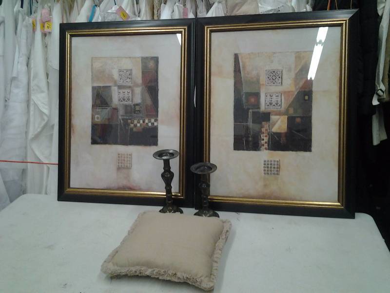 lot 12 image: 2-High Quality Framed Abstract Art 29x37, Pair Of Coordinating Candle Stands, 1-Pillow
