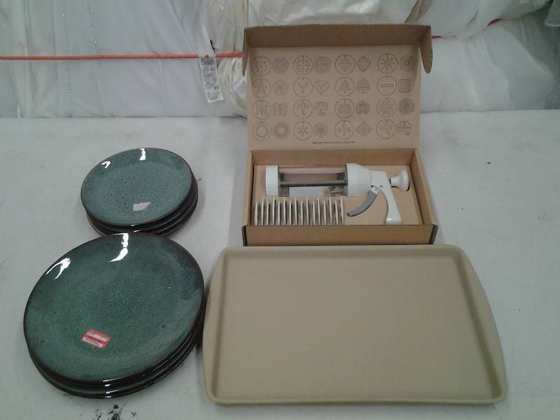 lot 17 image: NEW Pampered Chef Baking Stone, Cookie Press, 4-Dinner Plates, 4-Salad Plates