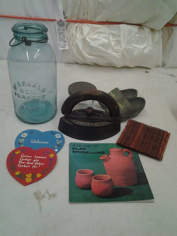 lot 22 image: 1944-1945 Cast Aluminum Shoes, Holland, Sad Iron, Blue Jar, Scandinavian Misc.