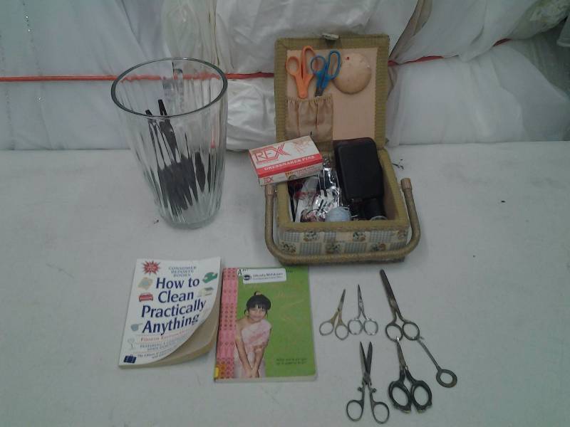 lot 24 image: Sewing Box With Notions, Vintage Fancy Scissors, Shoe Button Hook Misc.