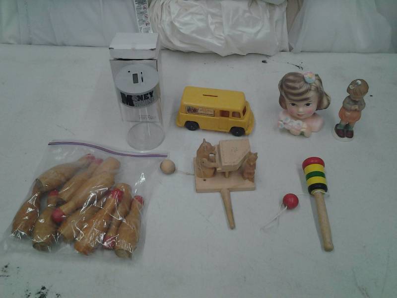 lot 26 image: Lot Of Wood Toys, Vintage Ewald Bros. Coin Bank, Enesco Pocket Vase, Girl Figurine Marked Japan