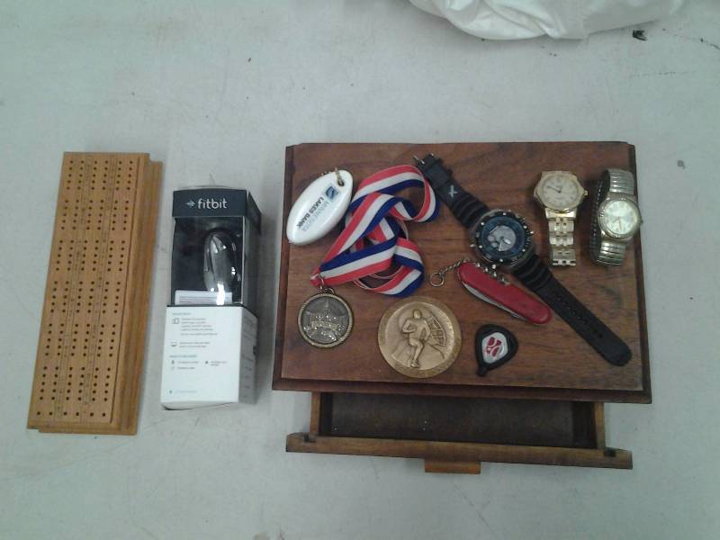 lot 29 image: Wood Stash Box With Drawer, Mens Watches, Misc., Cribbage Board