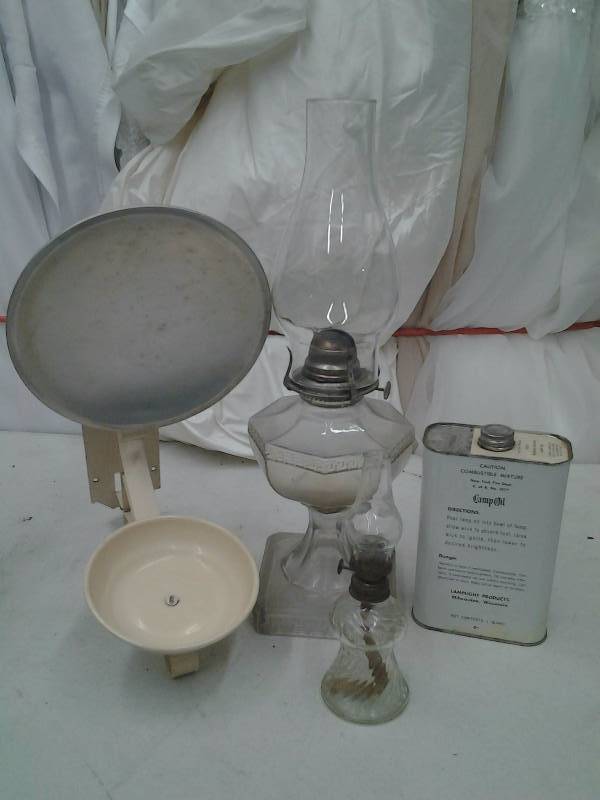 lot 30 image: Vintage White Flame Glass Lantern With Wall Bracket & Reflector, Other Small Lantern & Oil