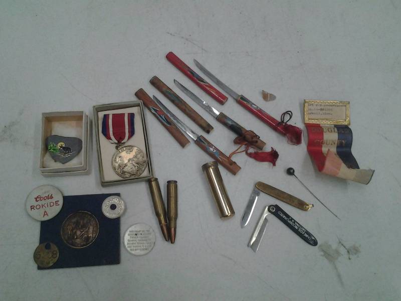 lot 38 image: Lot Of Vintage Tokens, Medals, Letter Openers, Bullets