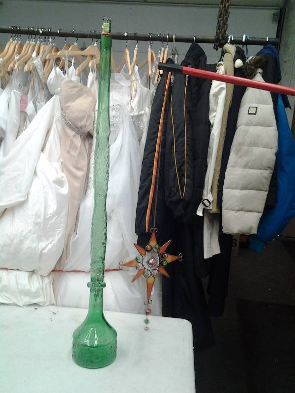 lot 44 image: 4 Ft. Green Glass Bottle & Glass Suncatcher