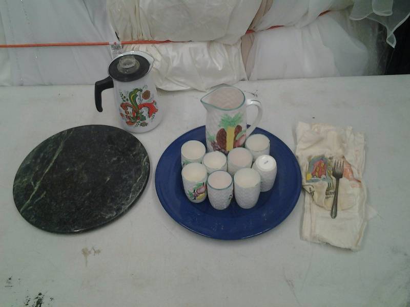 lot 46 image: Round Marble Stone, Large Blue Planter, Vintage Juice Set, Coffee Server