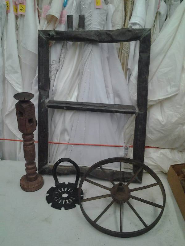 lot 57 image: Large Copper Piece 32x25, 16 Inch Wagon Wheel, Custom Made Horse Shoe Bookends, Rustic Candle Stand 20 Inches