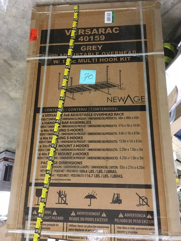 lot 70 image: NewAge Products Versarac 96 in. L x 48 in. W x 42 in. H Adjustable Ceiling Storage Rack with 12-Piece Hooks in Gray - Open Box