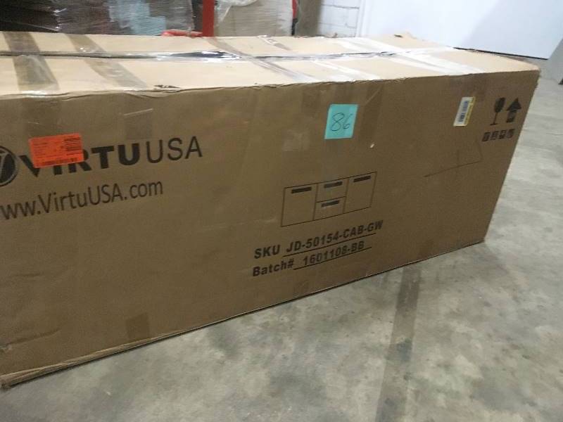 lot 86 image: Virtu USA 54 Cabinet in Gloss White - Open Box vanity only  top and mirror are not include