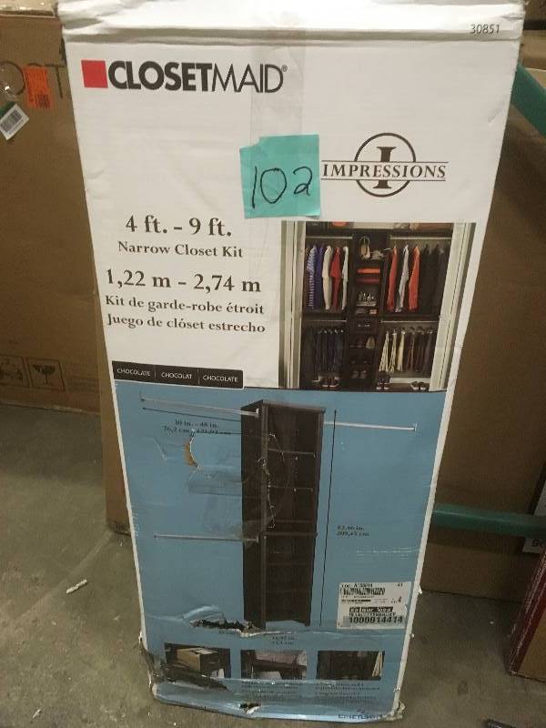 lot 102 image: Closetmaid 4 ft. - 9 ft. Narrow Closest Kit - Open Box
