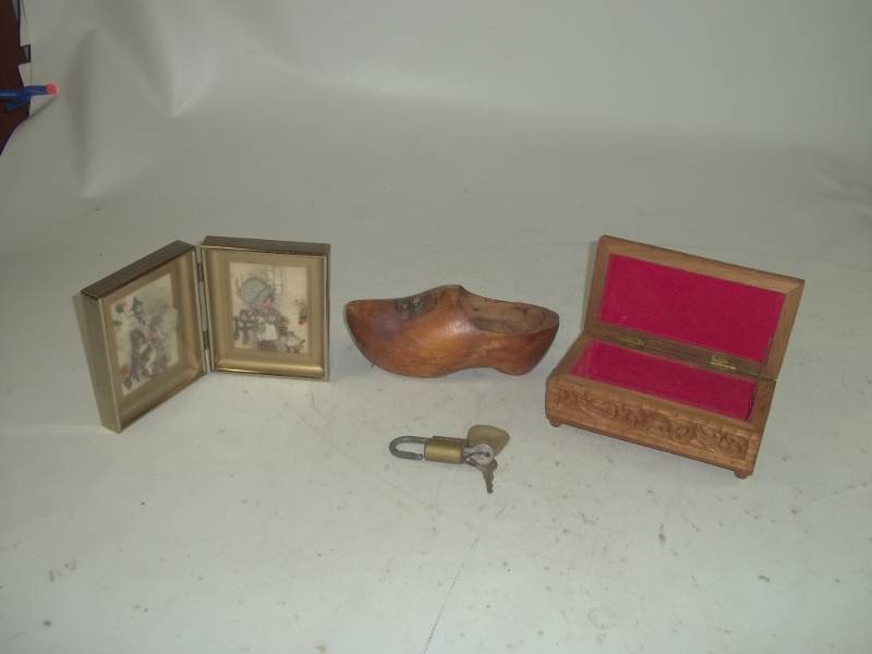lot 98 image: Wood Trinket Box, Wood shoe, frame and paddle lock