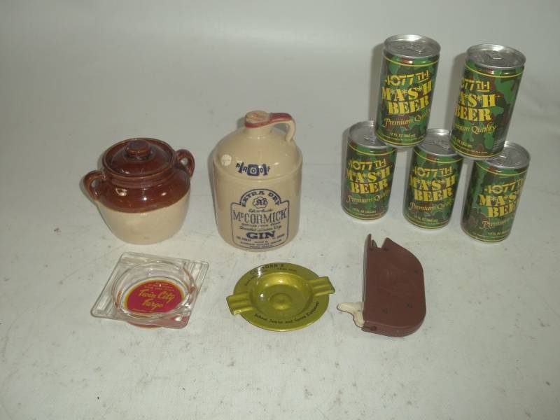 lot 135 image: Beer Cans, Ashtrays, Bean Pot, Jug, Cigarette maker