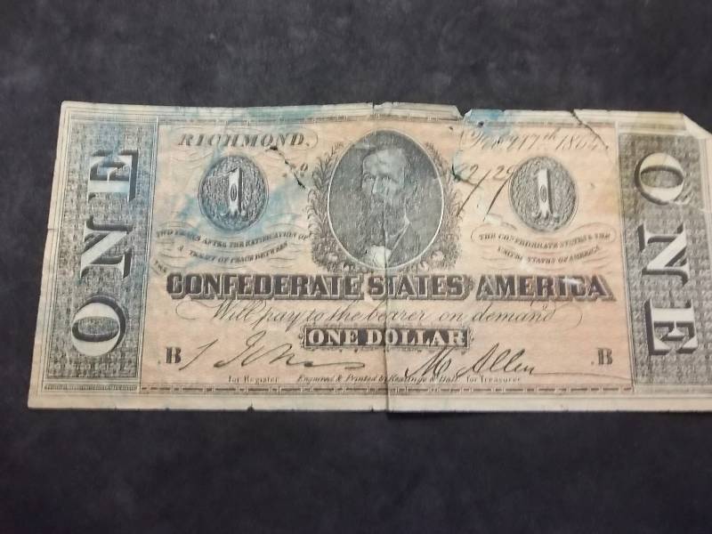 One Dollar Confederate Bill Dated Feb. 17 1864 From Richmond