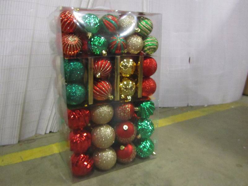 lot 11 image: Home Accents Holiday Red, Green and Gold Shatterproof Christmas Ornament Assortment (100 Pack)