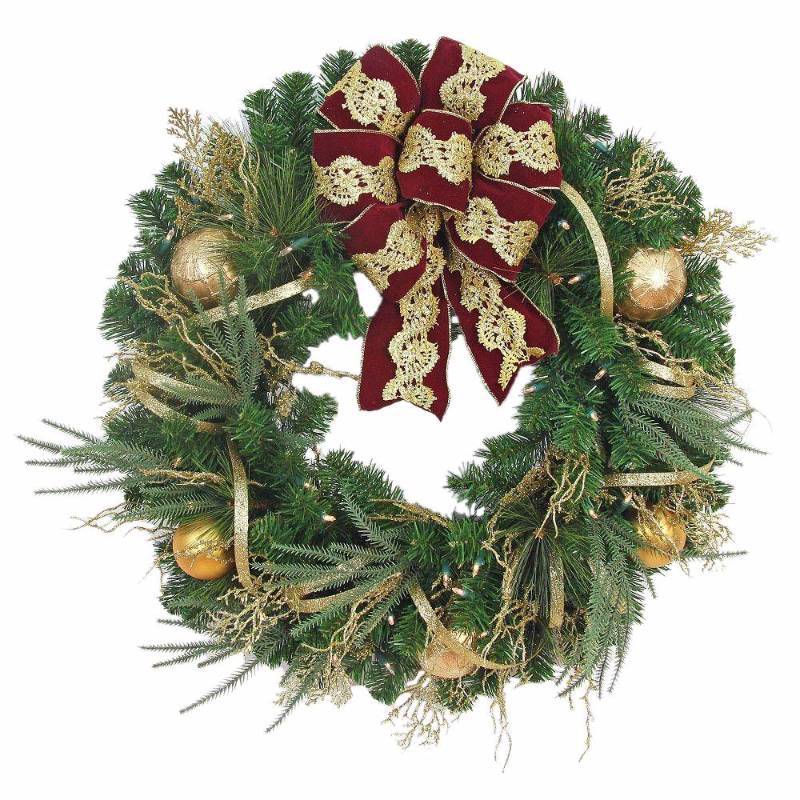 lot 8 image: Home Accents Holiday 32 in. Pre-Lit Valenzia Artificial Christmas Wreath With Red and Gold Ribbon,