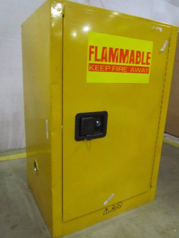 lot 14 image: Edsal 35 in. H x 23 in.W x 18 in. D Steel Freestanding Flammable Liquid Safety Single-Door Storage Cabinet in Yellow