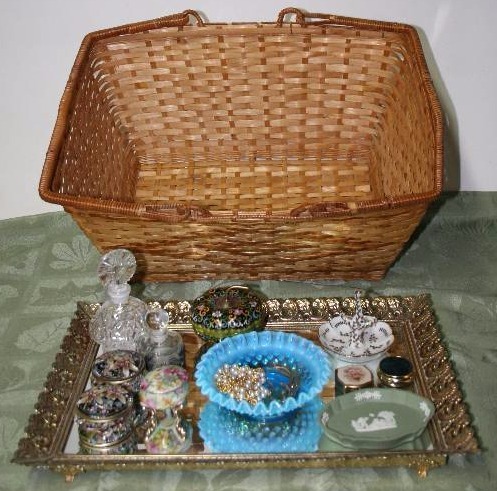 Basket, Mirror Tray, and Trinkets