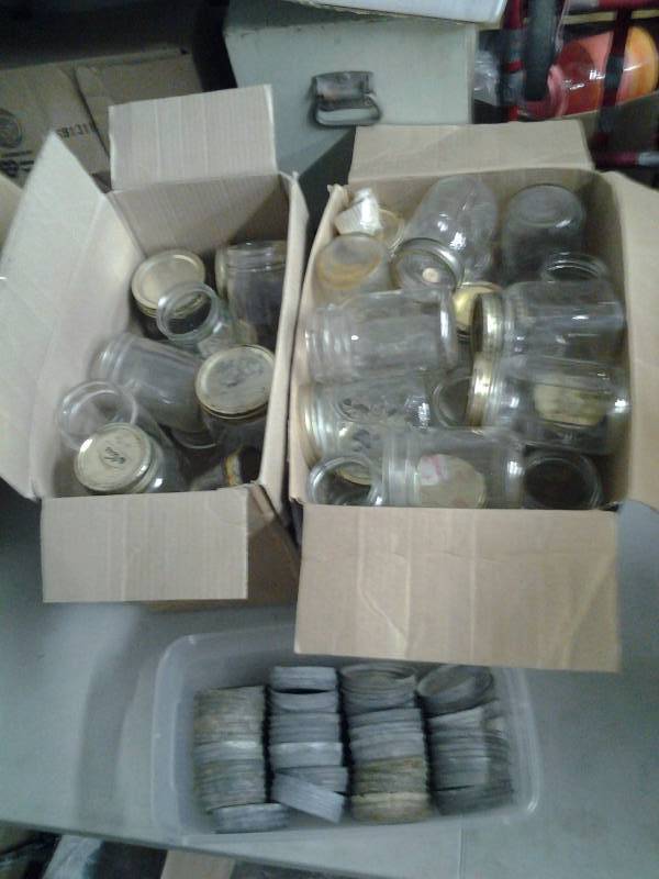 lot 38 image: 2-Boxes Of Old Canning Jars & Zinc Lids