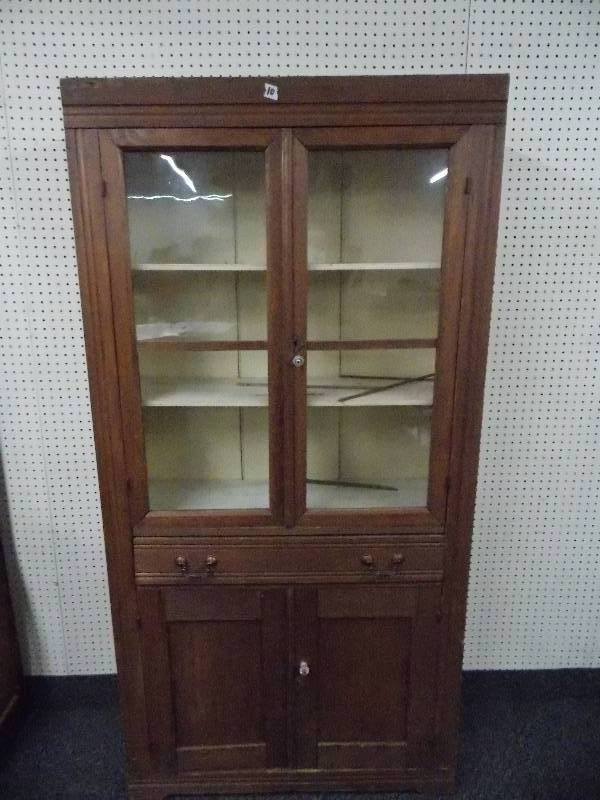 lot 10 image: Primitive Wood Glass Door Cabinet