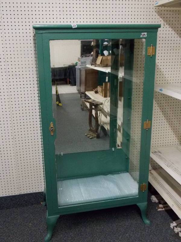 lot 12 image: Vintage Green Metal Medical Display Cabinet with 4 Glass Shelves and Mirrored Back added