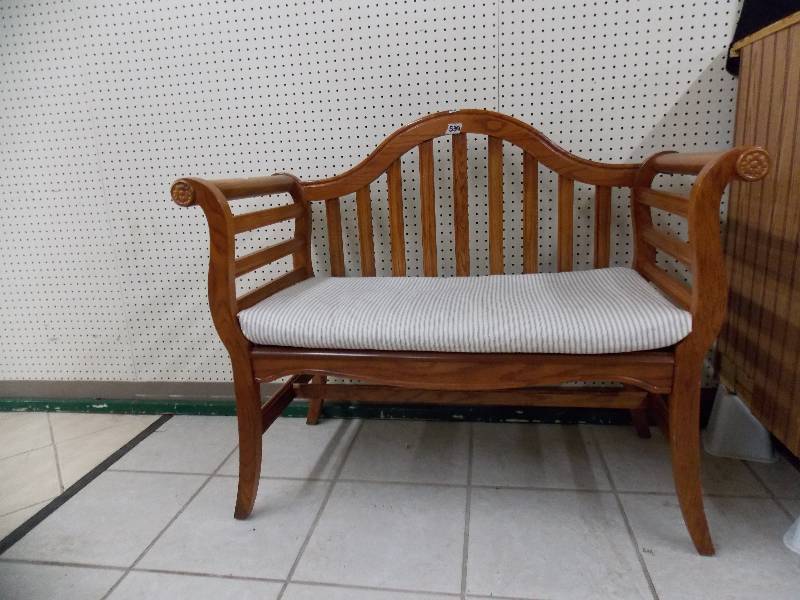 lot 28 image: Oak Camel Back Bench and Cushion