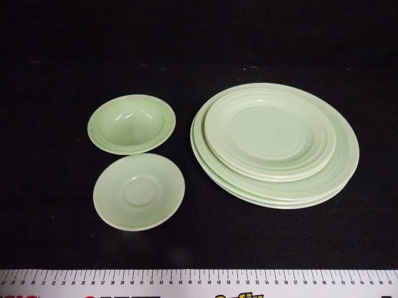 lot 120 image: Lot of 13 Pieces of Green Dishware & Glasses