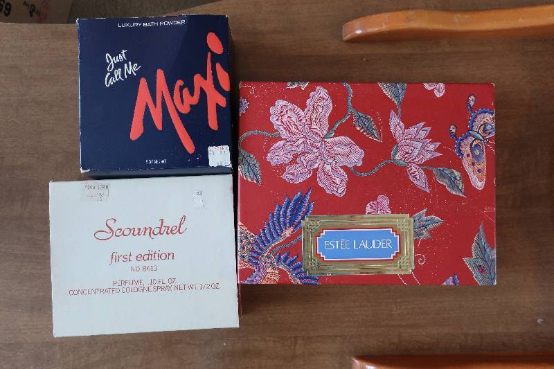 1ST EDITION SCOUNDREL PERFUME SET, MAX FACTOR AND ESTE LAUDER
