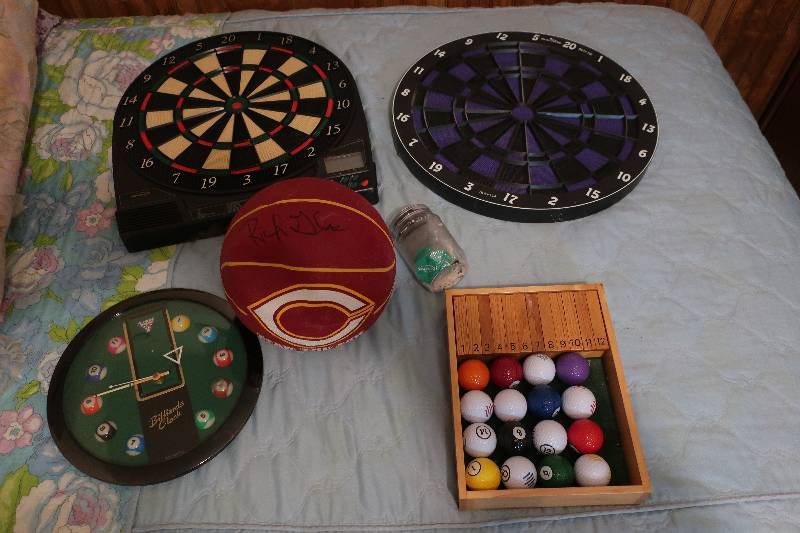 DART BOARDS, WOOD GOLF BALL POOL GAME, SIGNED BASKETBALL  RICK GLASS