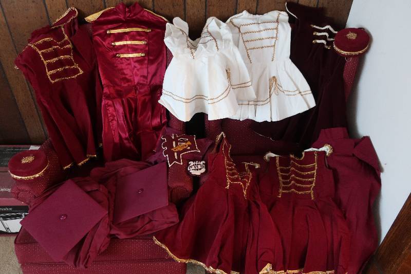 VINTAGE BAND UNIFORM DRESS, 8. 2 HATS, 2 PATCHES, 2 GRAD GOWNS AND HATS
