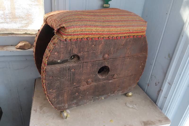 VINTAGE STOOL FROM BIG WOODEN SPOOL ON CASTERS
