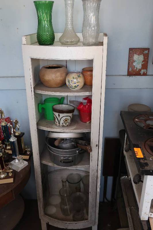 OLD SHELF WITH CONTENTS, VASES AND POTS