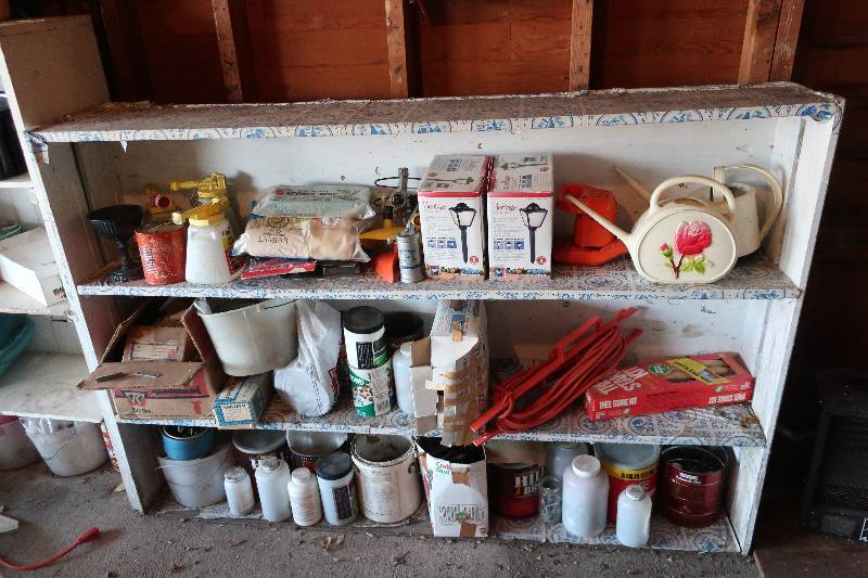 GARAGE SHELF WITH CONTENTS, HARDWARE, ECT
