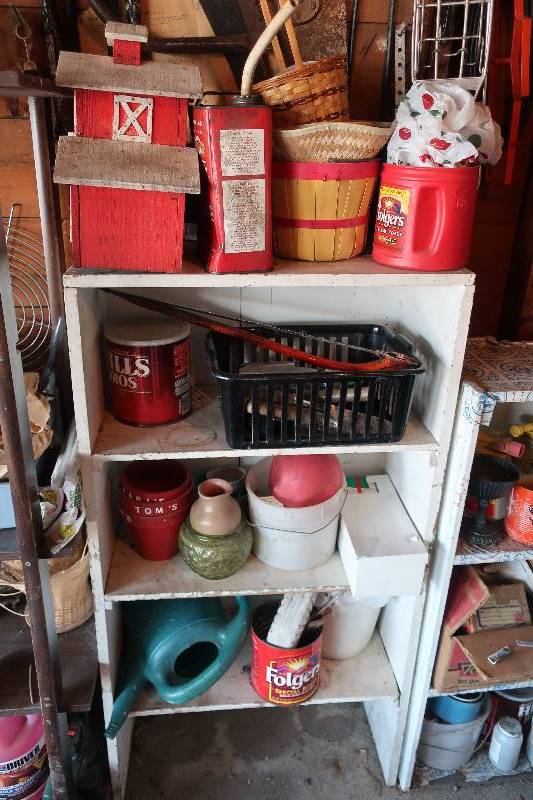 GARAGE SHELF WITH CONTENTS, BARN, HARDWARE, BASKET