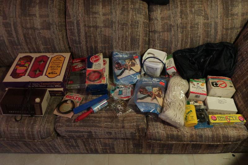 MISC HOUSEHOLD ITEMS, SMALL HEATER, TWO BOXES OF JELLY JARS, ECT
