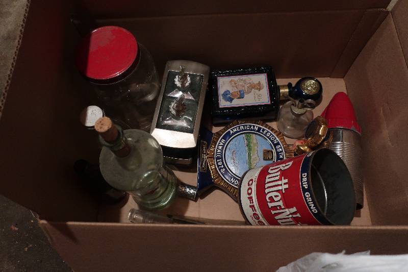 BOX OF DECANTERS AND MISC ITEMS