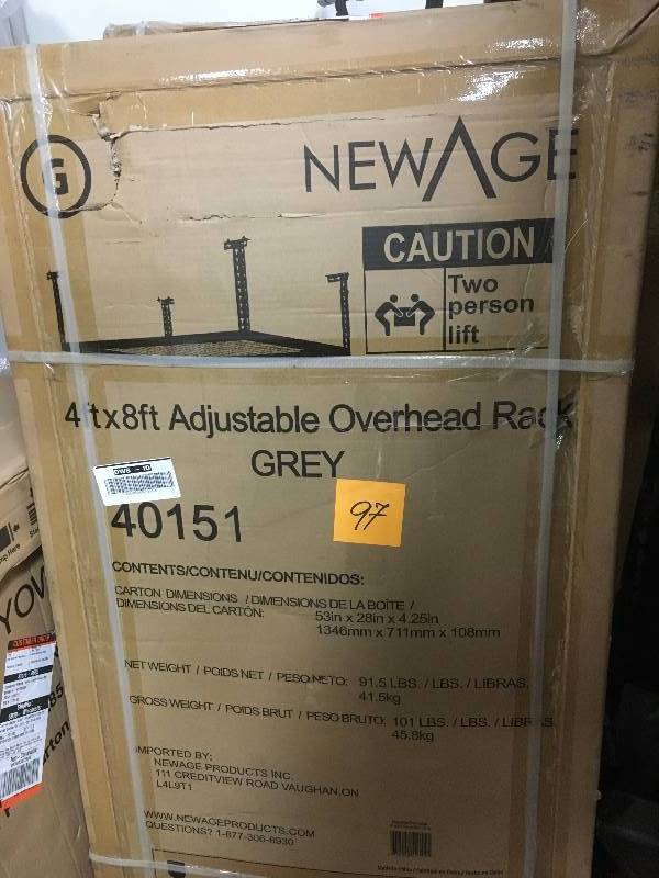 lot 97 image: New Age 4 ft x 8 ft Adjustable Overheaad Rack - Grey - Open Box Never Used