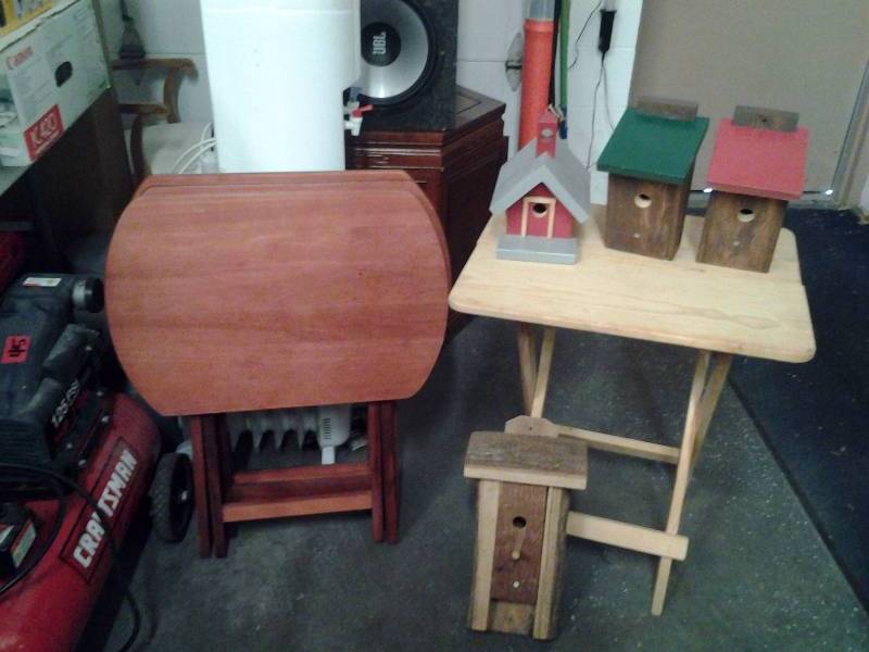 3-Wood TV Trays, 1-Pine Folding Table, 4-Bird Houses (Wood Crafted)