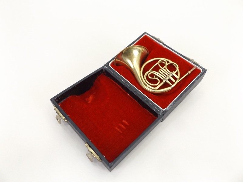 Antique Miniature Brass French Horn Ornament in Original Box