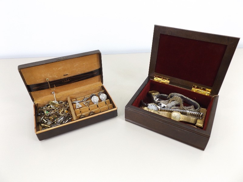 2 Jewelry Boxes Filled with Mens Jewelry, Watches, etc.