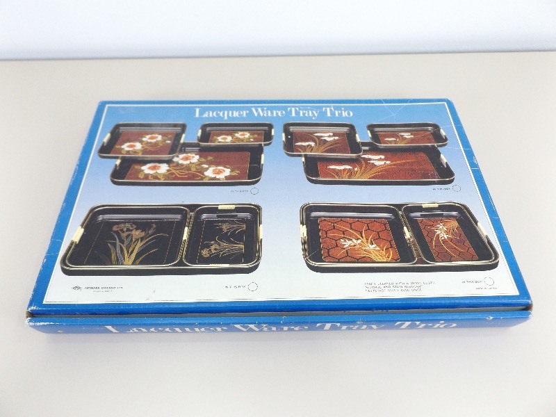 Vintage NEW in Original Box Asian Themed Lacquer Ware Tray Trio&nbsp