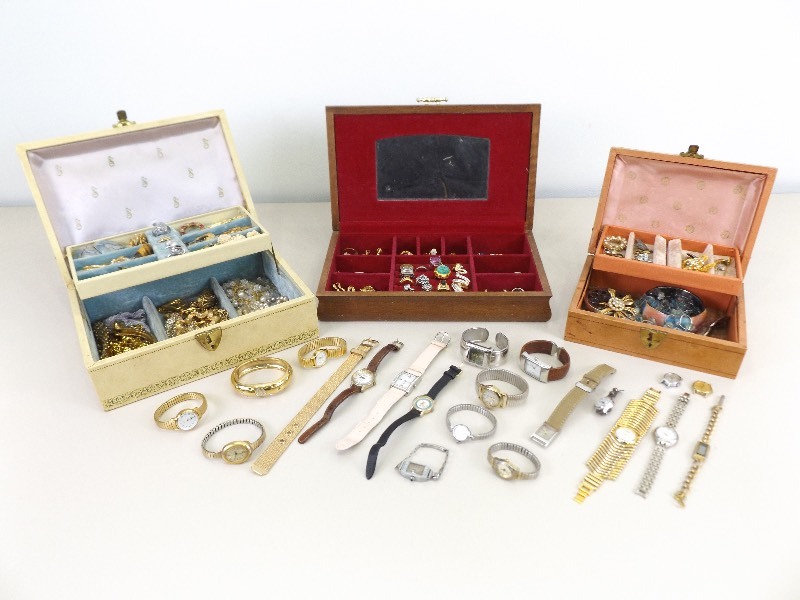 3 Jewelry Boxes FILLED with Costume Jewelry, and Watches