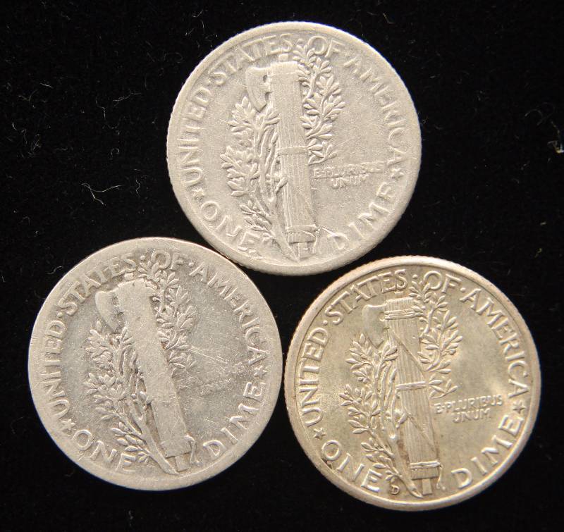 lot 12 image: 3 SILVER MERCURY DIMES 1918, 1924 & 1944-D