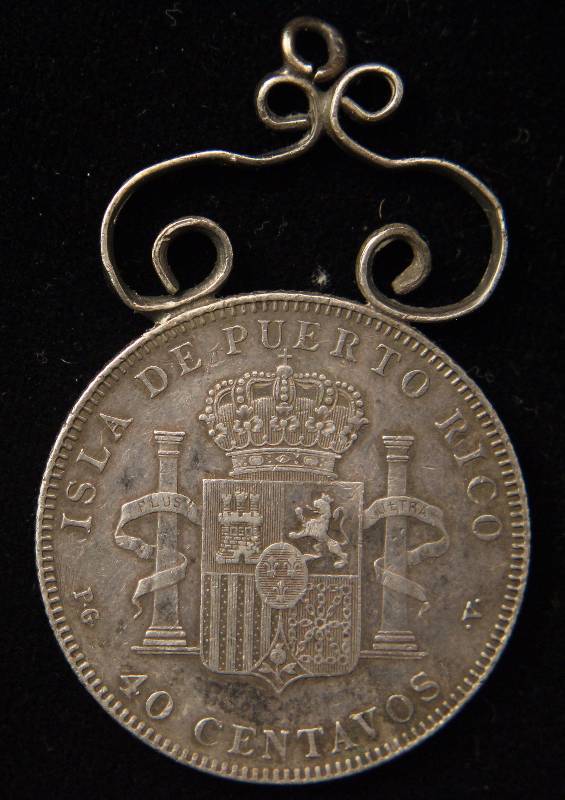 lot 19 image: 1896 PUERTO RICO 40 CENTAVOS JEWELRY PIECE (10 grams 90% silver)
